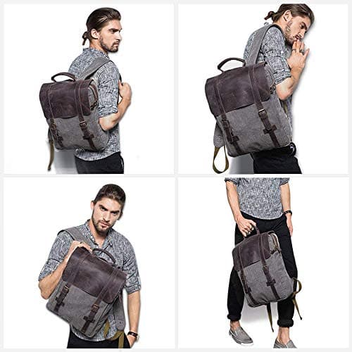 Mochila de cuero y lona gris para ordenador 15" S-Zone para hombres, uso múltiple