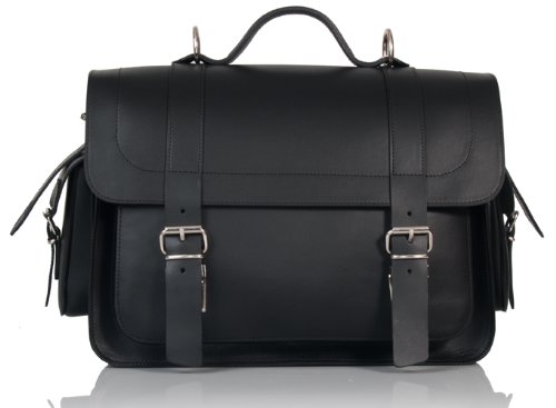 Duradero bolso maletín de cuero en color negro, Uberbag, con bolsillos simétricos y cierres de remetido.