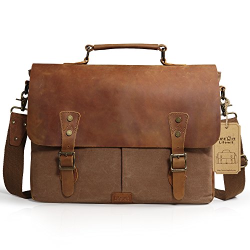 Bolsa de cuero marrón y lona para el ordenador a un precio muy bajo.
