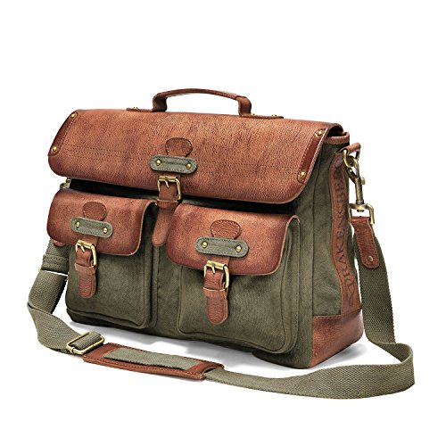 Bolso para ordenador DRAKENSBERG Piel de búfalo de grano entero, con compartimento para portátil de hasta 15 pulgadas, verde y coñac para hombres