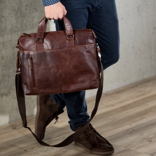 Bolso bandolera de cuero suave marron Baccini para portátil 15 pulgadas