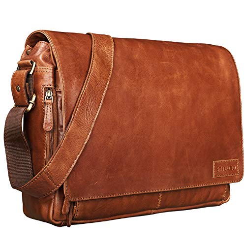 Bolso de hombro con una amplia solapa frontal para portátil 15,6 de cuero cognac Stilord