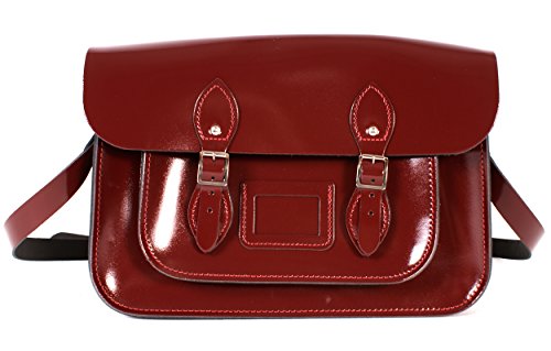 bolso de cuero rojo burdeos brillante, bolso Oxbridge, look de estudiante, bolso de ciudad para mujer, 35X10X23 cm