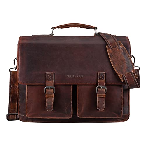 Gran maletín de cuero vintage marrón para el profesor con compartimento laptop 15 plgadas