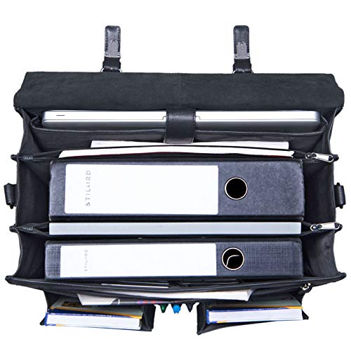 Maletín de 3 compartimentos Stilord XXL con un compartimento de 15,6 pulgadas de cuero negro para el portátil de gran capacidad