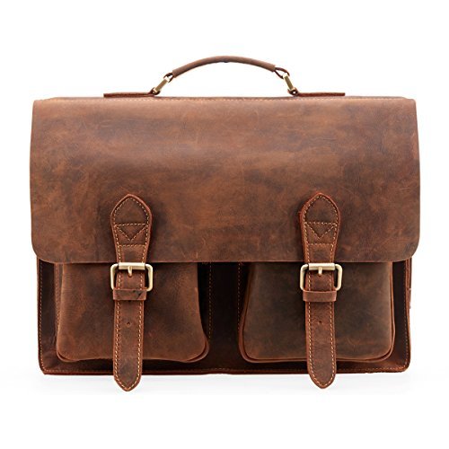 Cartera de cuero marrón vintage con un compartimento acolchado de 15" para el ordenador, ideal para profesores que utilizan el ordenador y la llave USB en lugar de los archivos de papel.