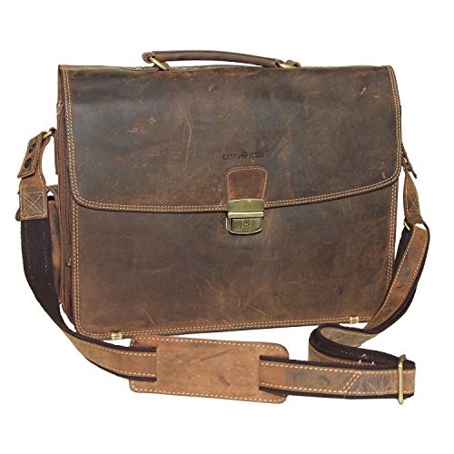 Bolso maletín de cuero bien organizado vintage para un portátil, con bandolera y hombrera de cuero. Apertura y cierre por cremallera.