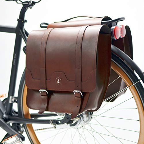 Clásicas alforjas dobles de cuero marrón, hechas a mano con FS-bicicletas.