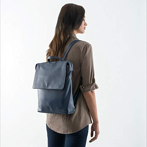 Pequeña mochila de cuero azul para mujeres, diseño rectangular. Dudu