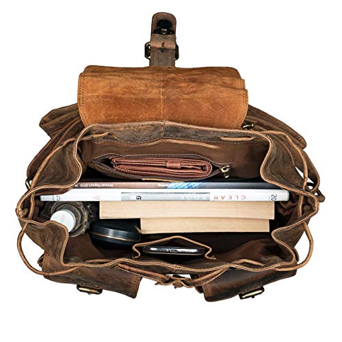El interior organizado de la antigua mochila de cuero marrón de la mujer, Stilord