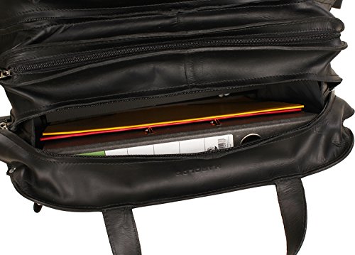 Elegante interior del maletín de cuero marrón de Harold's con un compartimento para el portátil de 15 pulgadas. Dimensiones 18x23x45cm, alrededor de 500 euros.