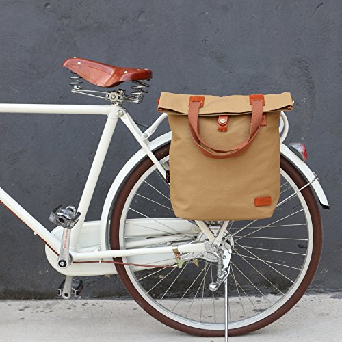 Gran bolsa de mensajería con asas de cuero y lona en beige y marrón de lona impermeable que se fija a la moto