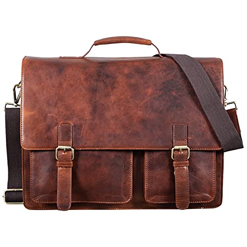 Gran bolso maletin de cuero marrón vintage con sus 2 bolsillos delanteros asimétricos, Stilord