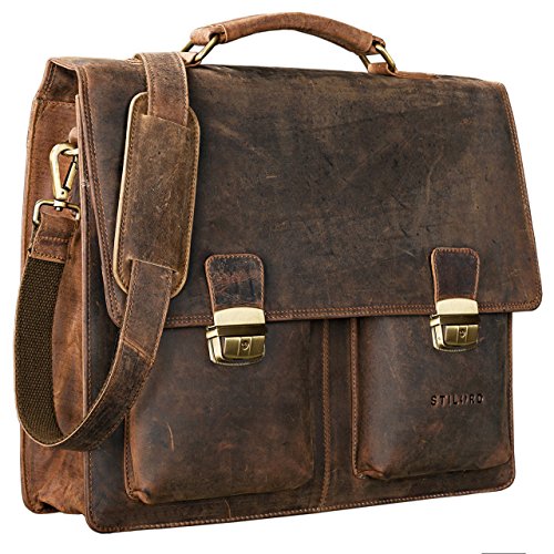 Maletín clásico de piel vintage marrón, para profesor, para portátil 15,6 pulgadas, Stilord