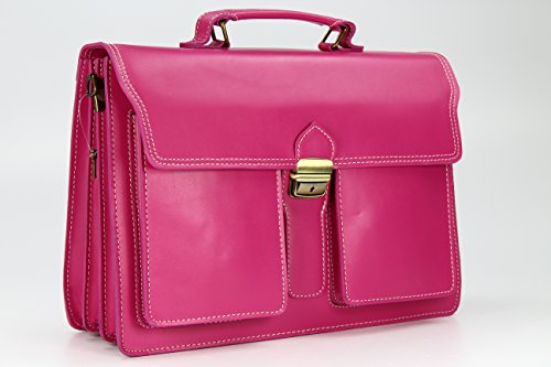 Gran maletín de cuero rosa para mujer de dimensiones 40 x 30 x 14 cm. Hecho en Italia