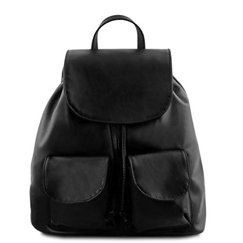 Mochila de cuero negro para mujeres, Toscana, hecha en Italia.