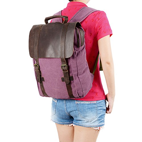 Mochila de cuero y lona para las mujeres en marrón y púrpura, aspecto vintage y original, gran capacidad para los estudios