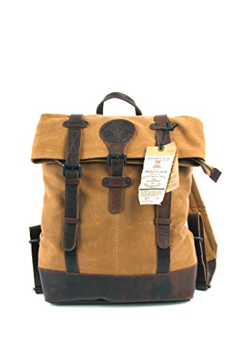 Mochila de cuero y lona, sólida y urbana, con compartimento acolchado para el portátil, coñac y marrón, Presly & Sun