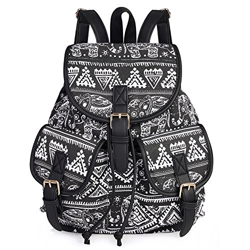 Mochila de imitación de cuero para mujeres con aspecto étnico en blanco y negro