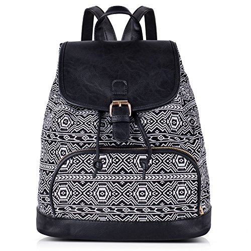 Mochila de imitación de cuero para mujeres con aspecto étnico en blanco y negro