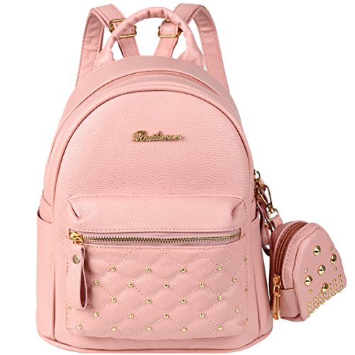 Mochila de imitación de cuero rosado, femenina con tachuelas doradas.