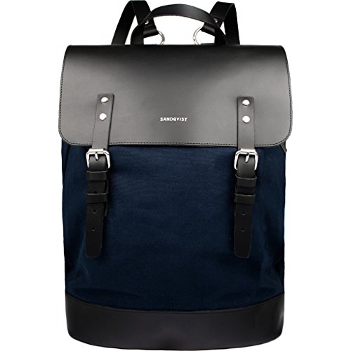 Mochila de lona y cuero curtido azul y negro Sandqvist, compartimento de 15 pulgadas, H 42 x W 30 x D 15 cm