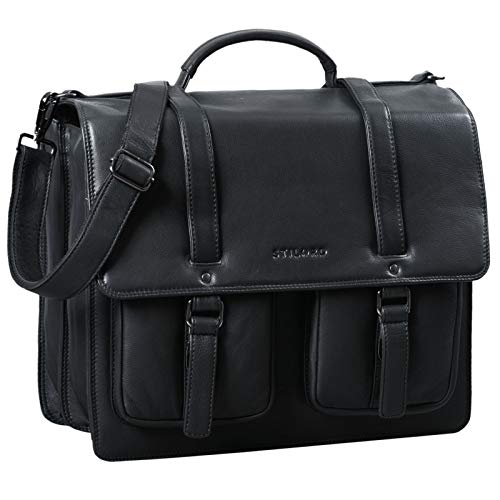 Mochila maletin 2 fuelles de cuero negro para portátil 15,6, Stilord, Karl, bolso de cuero con bandolera para ir al trabajo