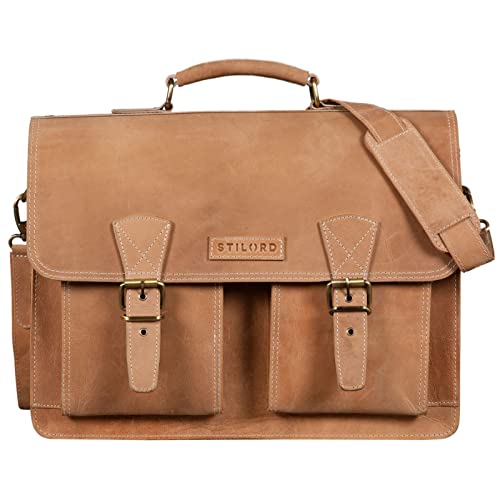 Mochila Maletín unisexo de piel color crema con bandolera para maestro o maestra con 2 fuelles