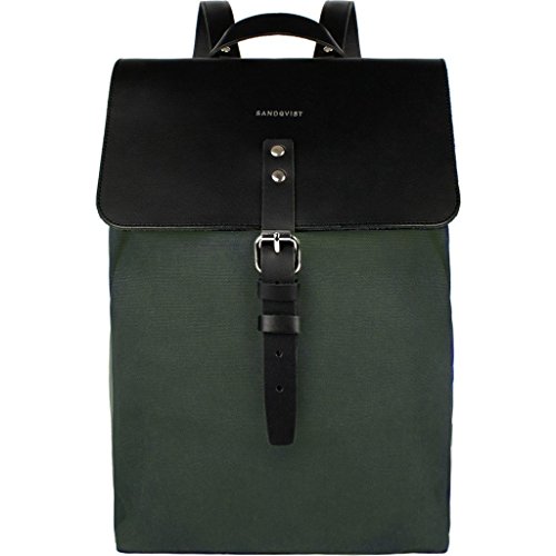 Mochila Sandqvist de cuero negro y lona verde, elegante mochila hecha para durar, para hombres urbanos elegantes.