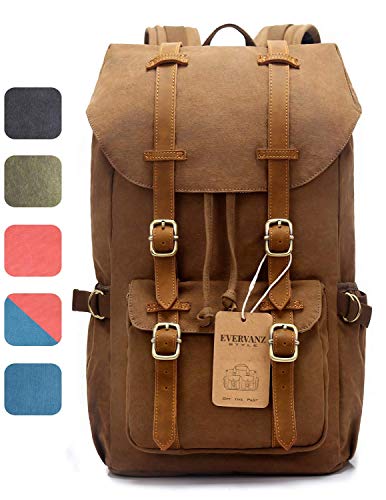 Mochila tamaño XL de cuero y lona de algodón, compartimento para portátil de 15 pulgadas, Evervanz, marrón