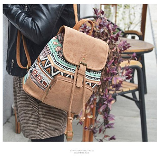 Pequeña mochila elegante y estilo bohemia para mujeres en cuero y lienzo con impresión gráfica