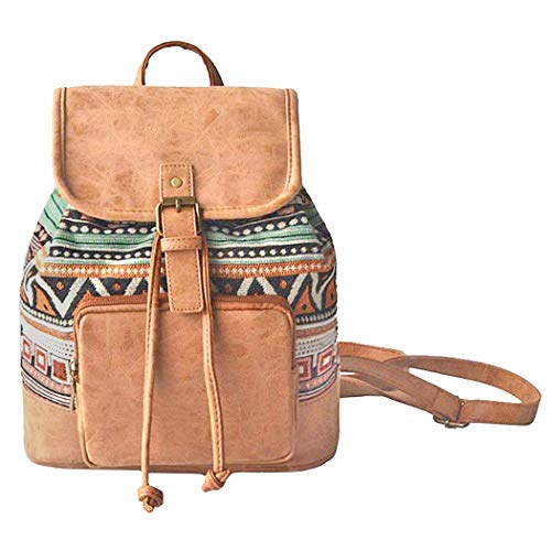 Pequeña mochila elegante y bohemia para mujeres en cuero y lienzo con impresión gráfica retro.