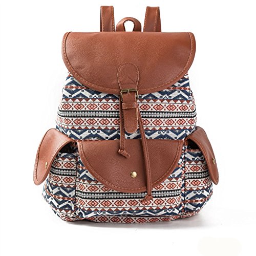 Pequeña mochila elegante y bohemia para mujeres en cuero y lienzo con original impresión gráfica retro.