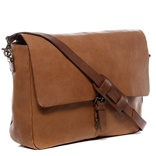 Suave bolso de cuero con compartimiento de computadora color coñac