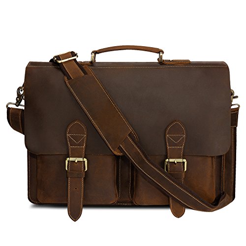 Un gran maletín de cuero marrón para hombres con un compartimiento para el ordenador.