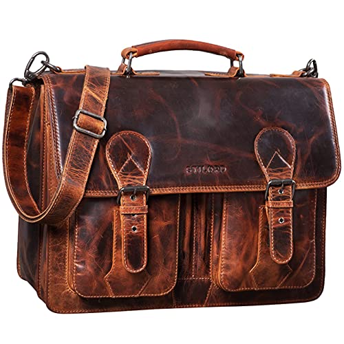 Una cartera de cuero marrón oscuro con dos fuelles. Ideal para profesores que buscan una gran, robusta y hermosa mochila escolar.