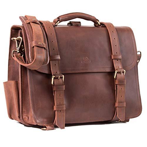 Una gran y robusta cartera de cuero de vaca con gruesos bolsillos delanteros simétricos de color coñac.